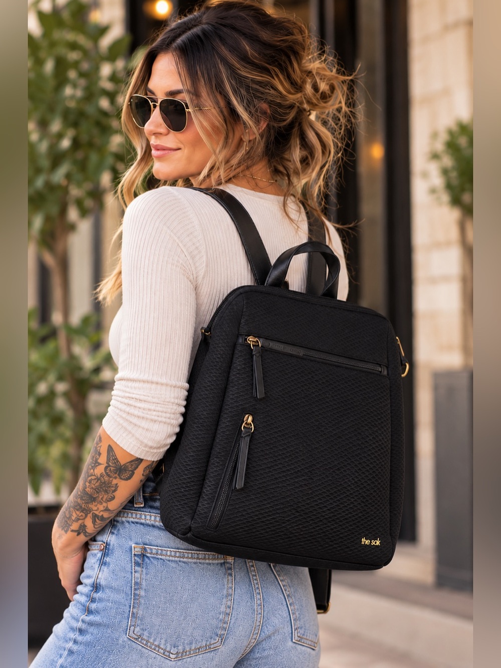 The Sak Olvera City Black Textured Backpack Purse